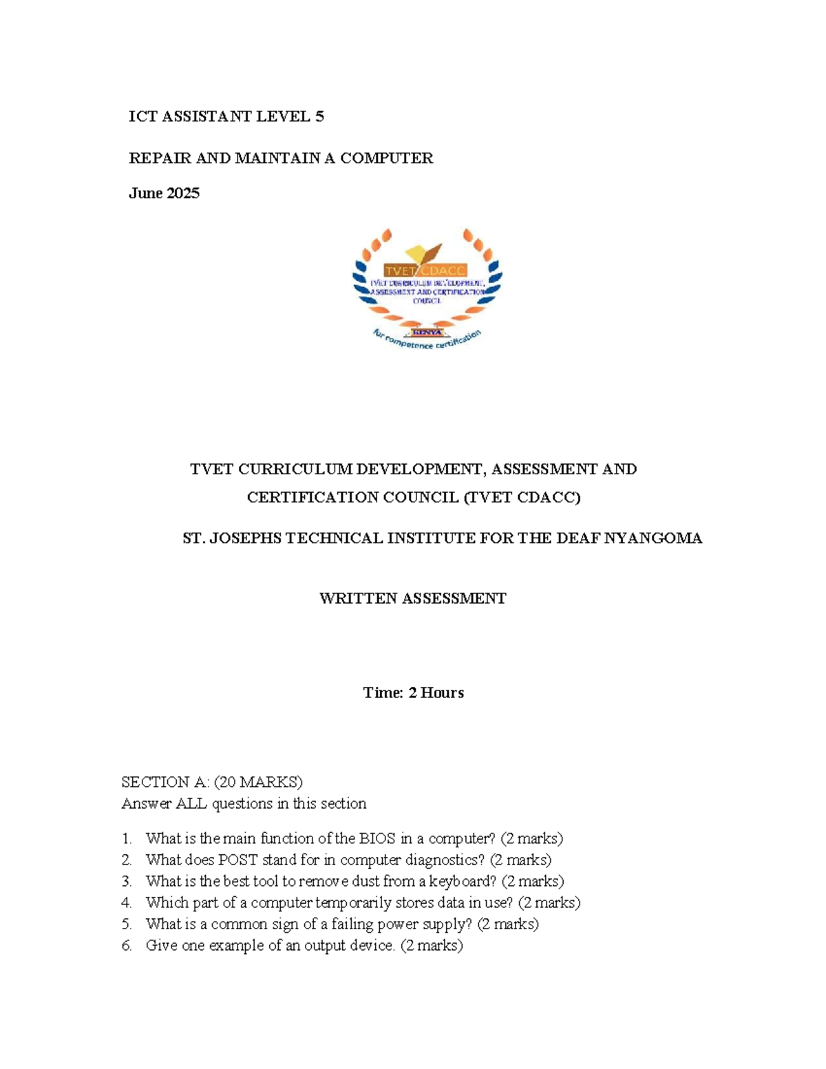 ICT ASSISTANT LEVEL 5: Computer Maintenance Exam 3 - June 2025 - Studocu
