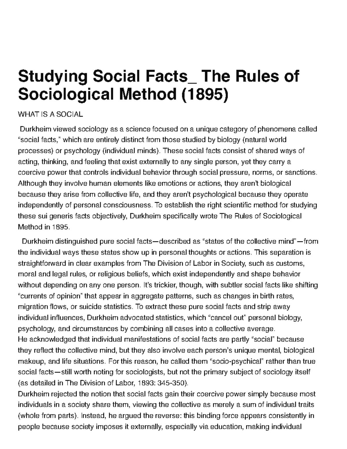 Sociology 101: Understanding Durkheim's Social Facts and Methods - Studocu