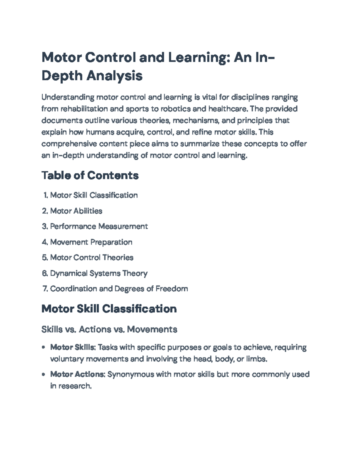 Motor Control & Learning: Theories & Applications for Skills Dev. - Studocu