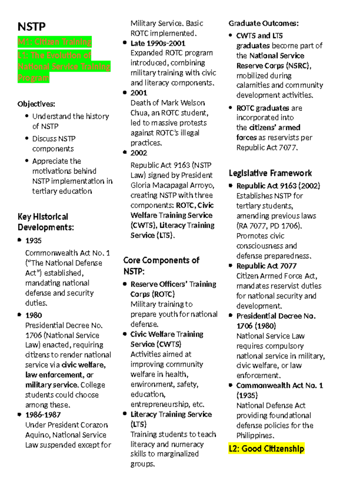 NSTP M1: Overview of National Service Training Program Evolution - Studocu