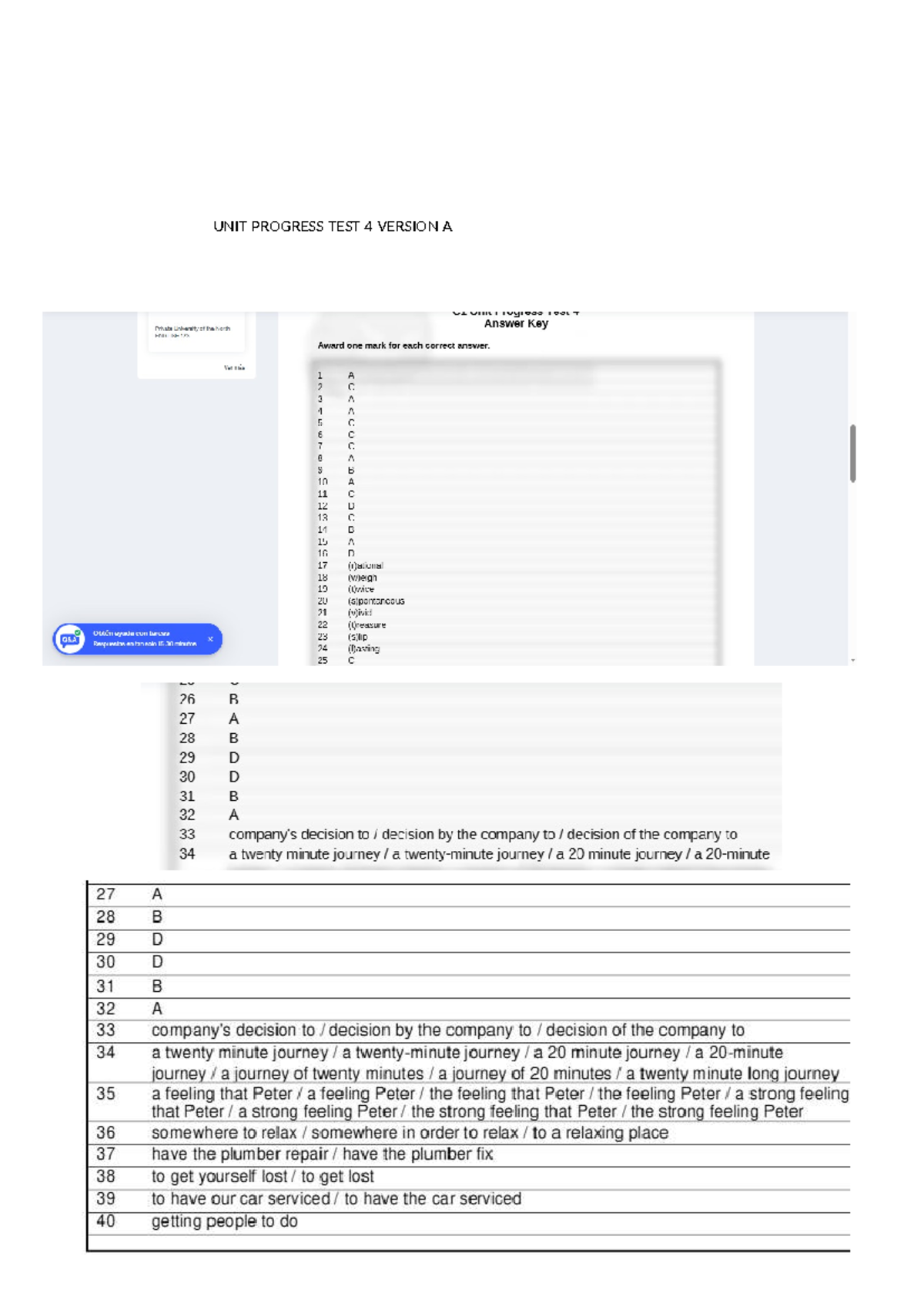 ENGLISH 123 UNIT Progress Test 4 Answer Key Version A - Studocu