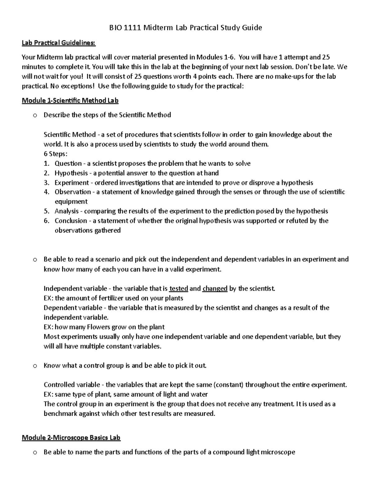 BIO 1111 Lab Practical Midterm Study Guide Fall 2020 - BIO 1111 Midterm ...
