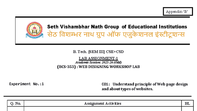 B. Tech. LAB: Web Designing Workshop Assignments and Experiments - Studocu