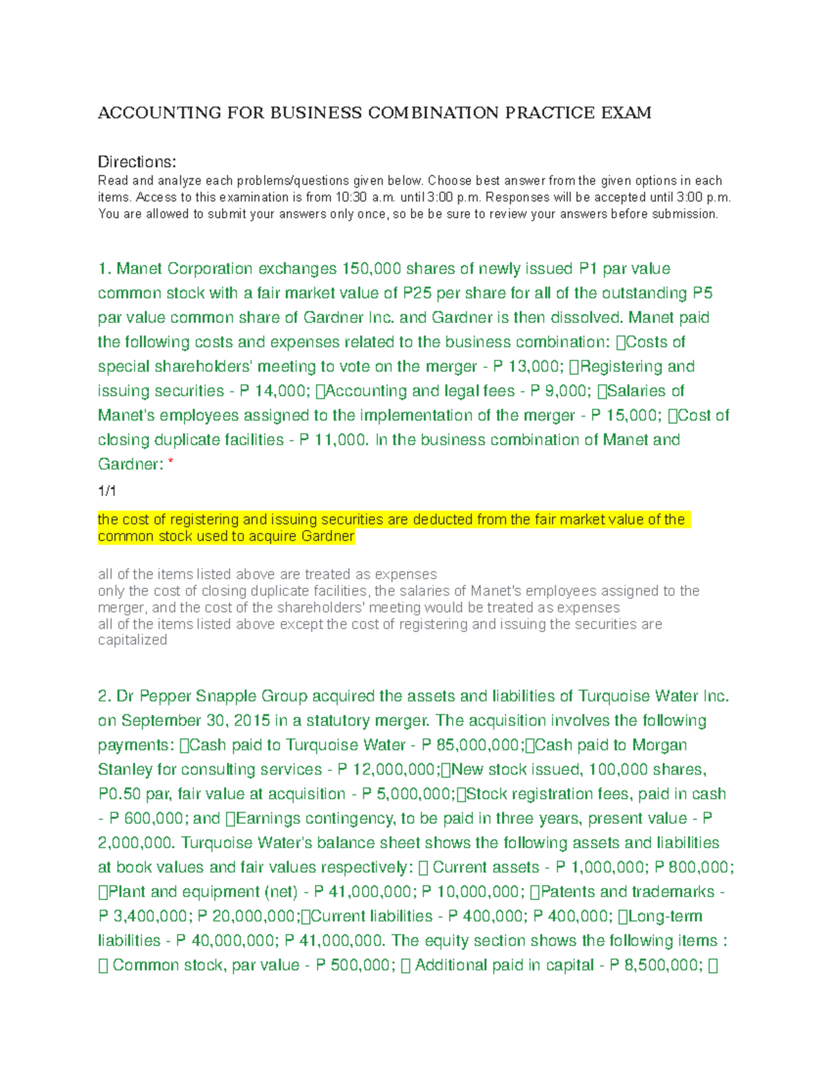 Accounting for Business Combination: Practice Exam Insights - Studocu