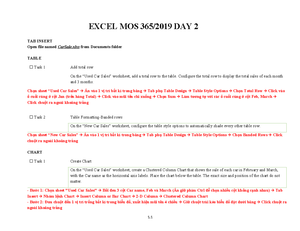 Excel MOS Day 2: Car Sales & Chart Tasks Guide - Studocu