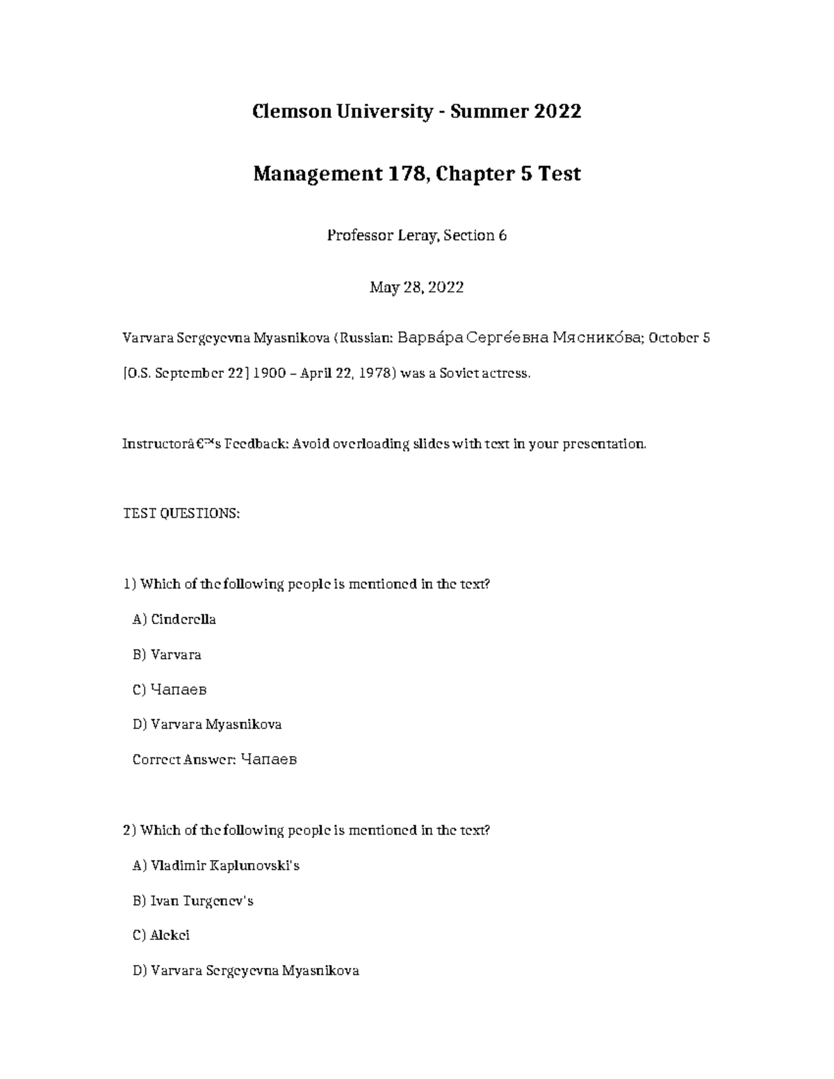 Management 178 Chapter 5 TEST - Clemson University - Summer 2022 ...