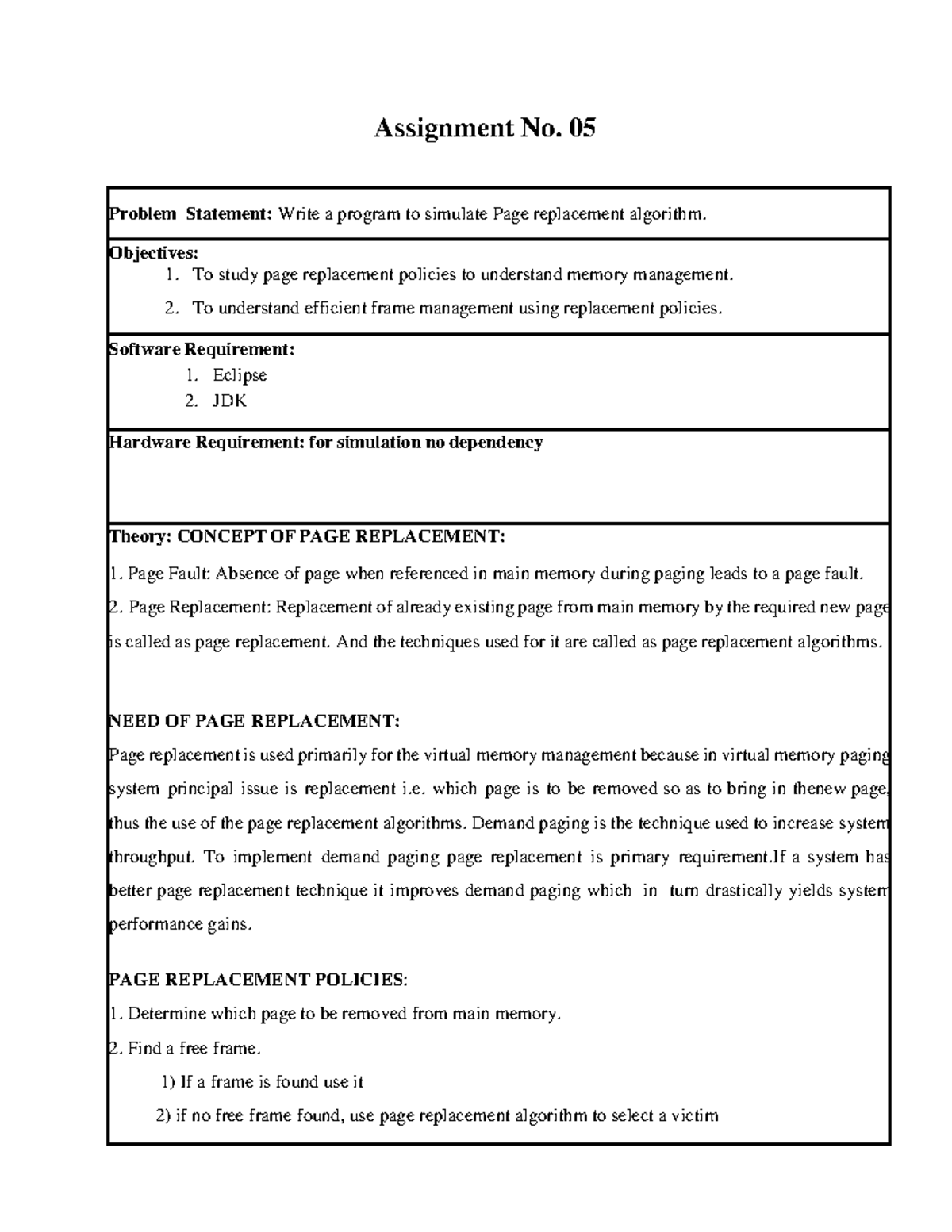 Assignment No. 05: Page Replacement Algorithm Simulation - Studocu
