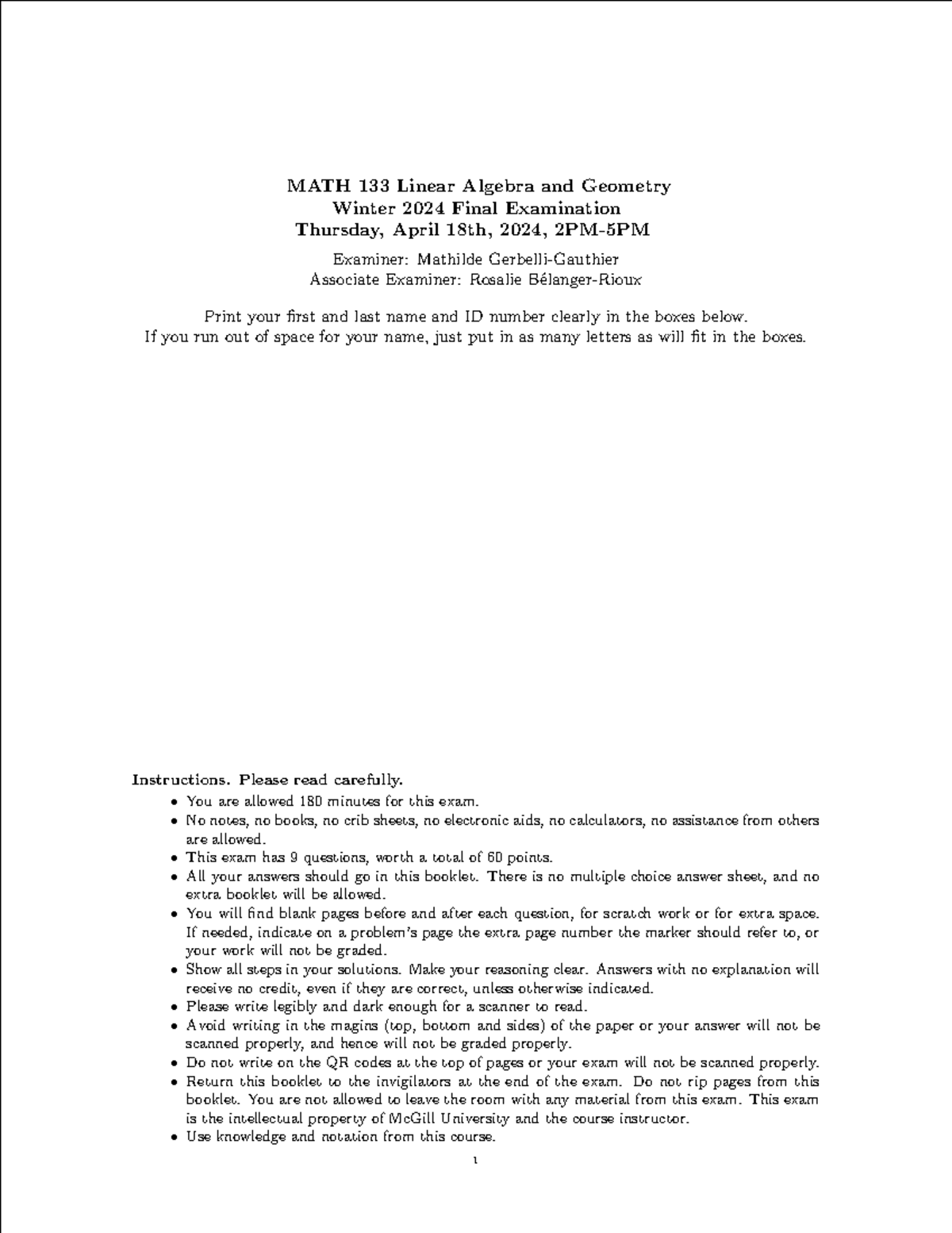 2024wintersem final exam - MATH 133 Linear Algebra and Geometry Winter ...