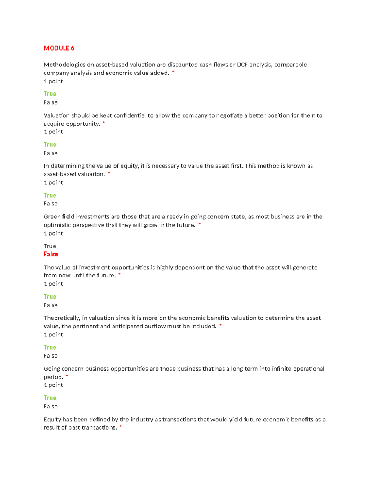 Valucon Activities Quiz (Module 6) - Asset Valuation Principles - Studocu