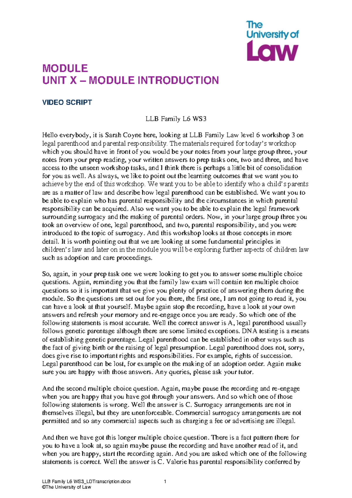 LLB Family Law Level 6 Workshop 3: Legal Parenthood Insights - Studocu