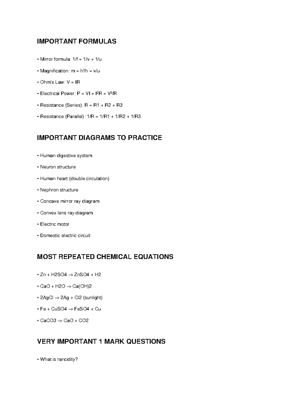 Class 10 Science Important Questions & Formulas for Exam Prep - Studocu