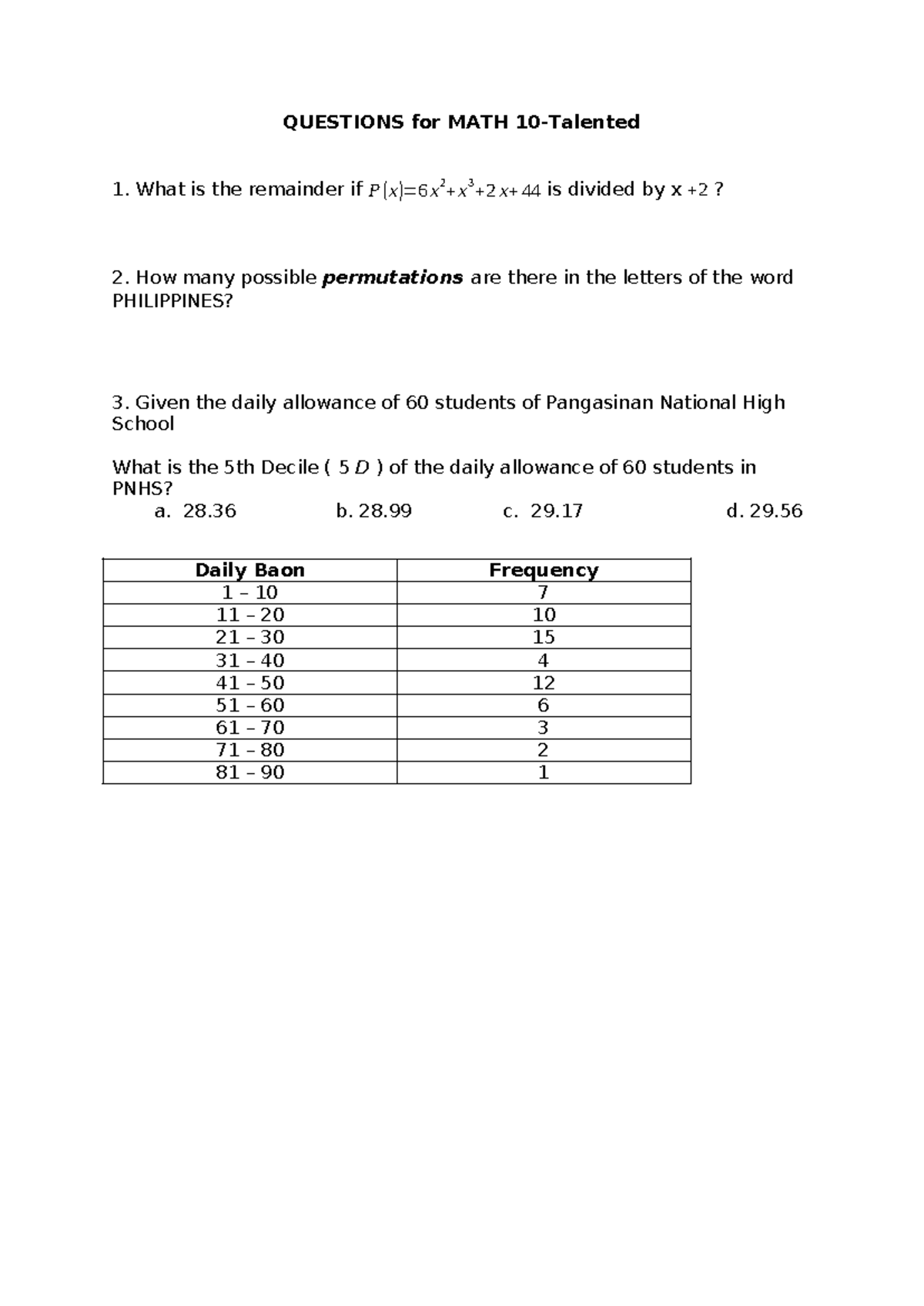 Questions for MATH-10: Talented Math Exam Prep and Problem Set - Studocu