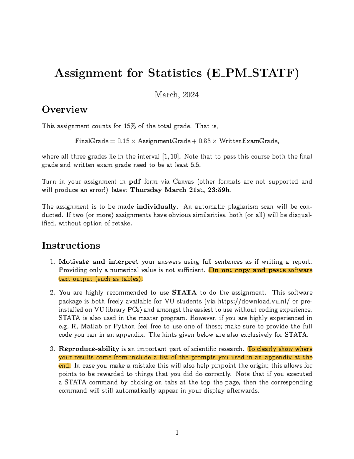 Statistics Assignment (E PM STATF) - Due March 21, 2024 - Studeersnel