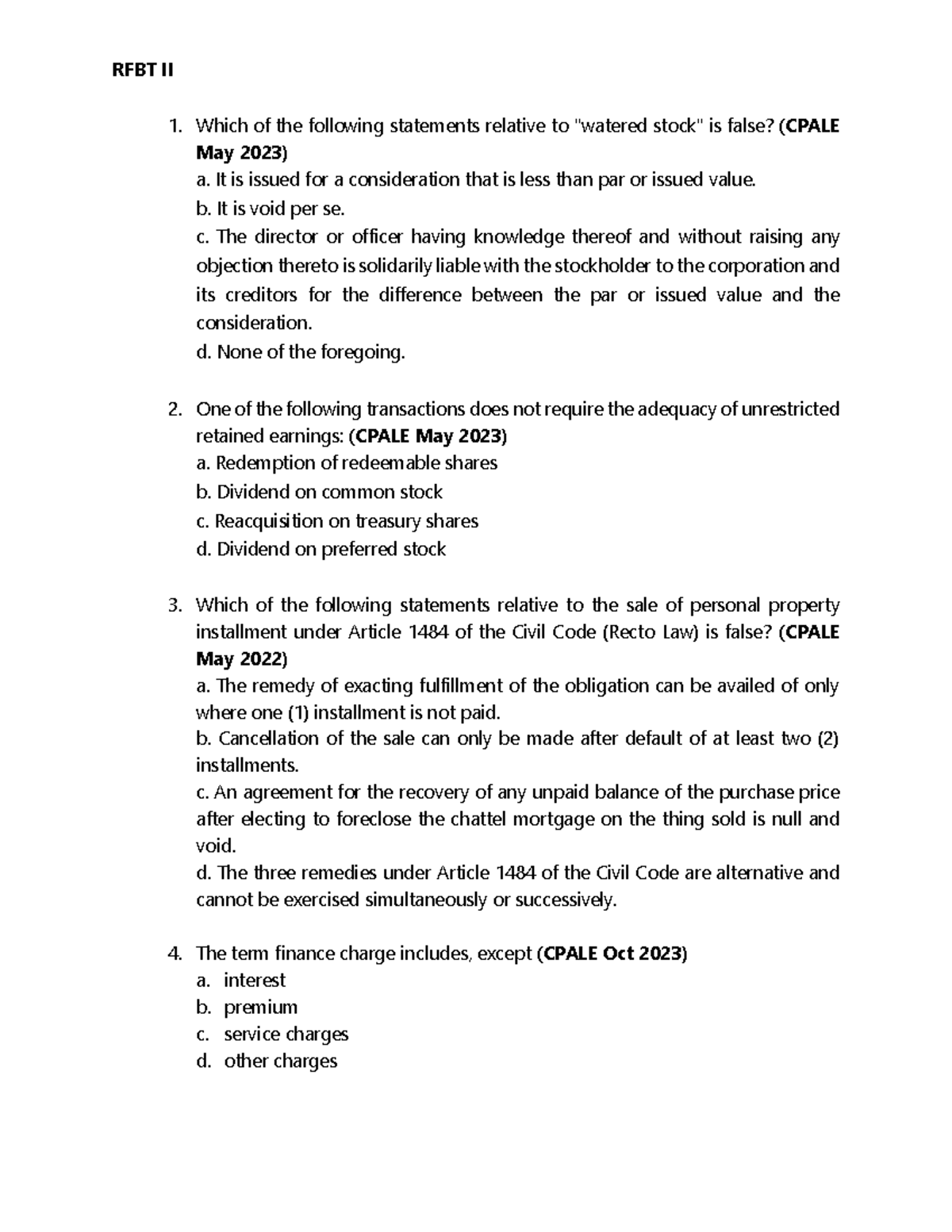 RFBT II Testbank 2024: CPALE Questions and Answers Compilation - Studocu