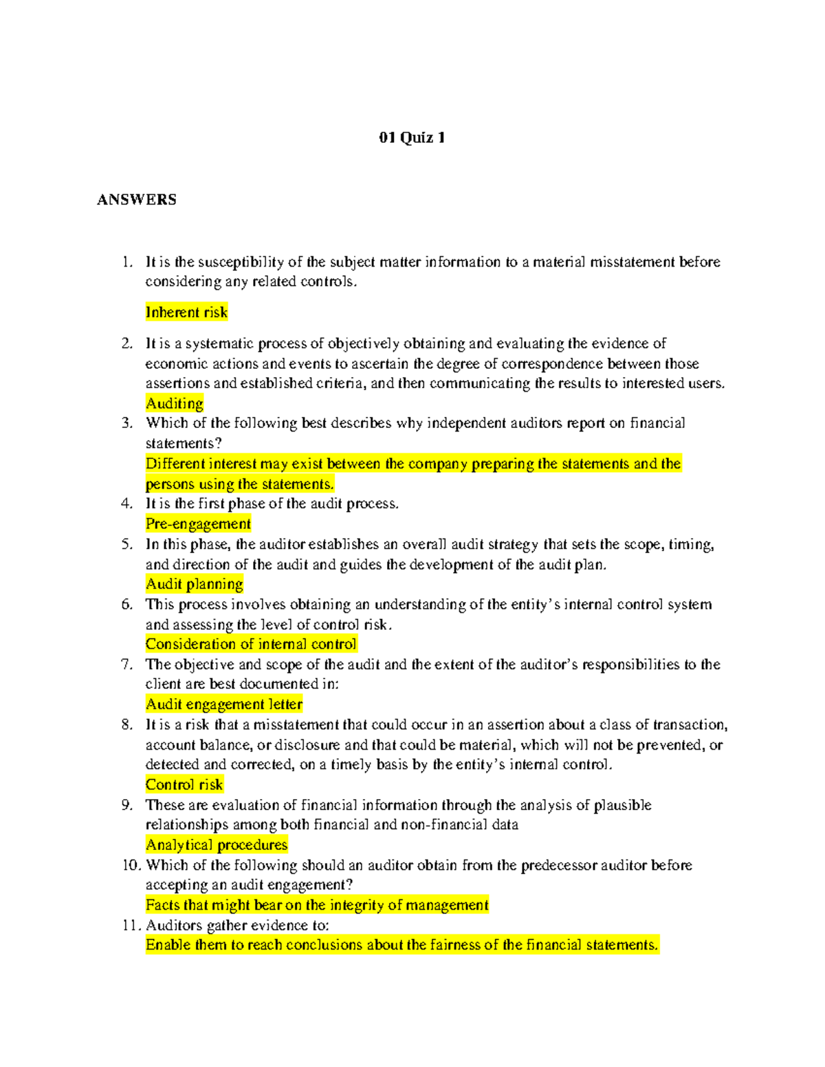 01 Quiz 1 - Overview of Auditing & Audit Process Answers and Insights ...