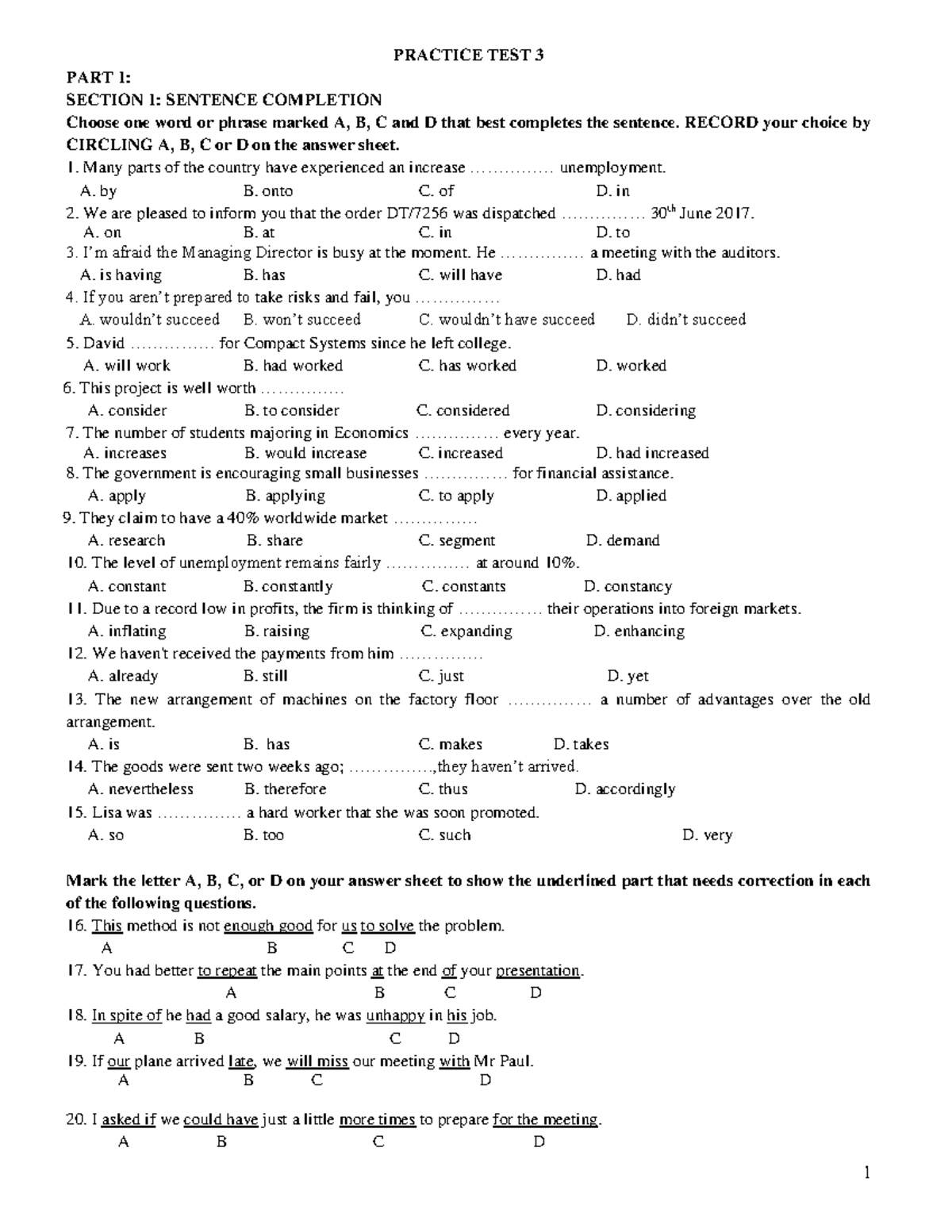 Practice Test 3 - UEH: Sentence Completion & Reading Comprehension ...