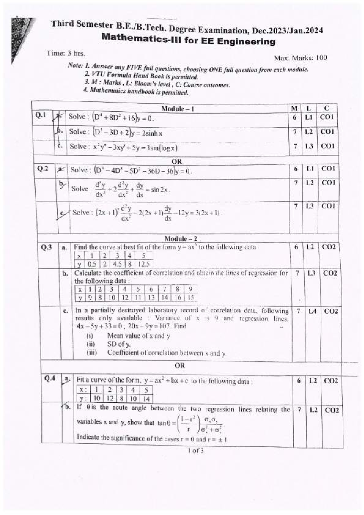 Mathematics-III for EE Engineering: 3rd Sem Exam Guide (301-2) - Studocu