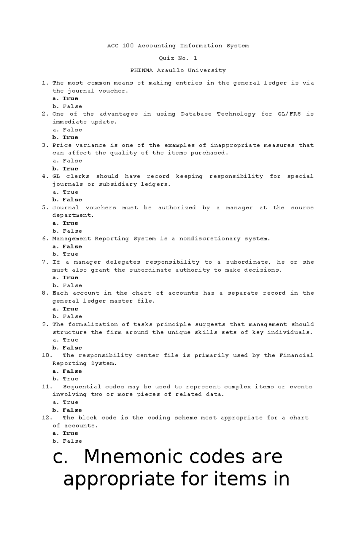 ACC100 - Quiz 1: Accounting Information Systems Overview - Studocu