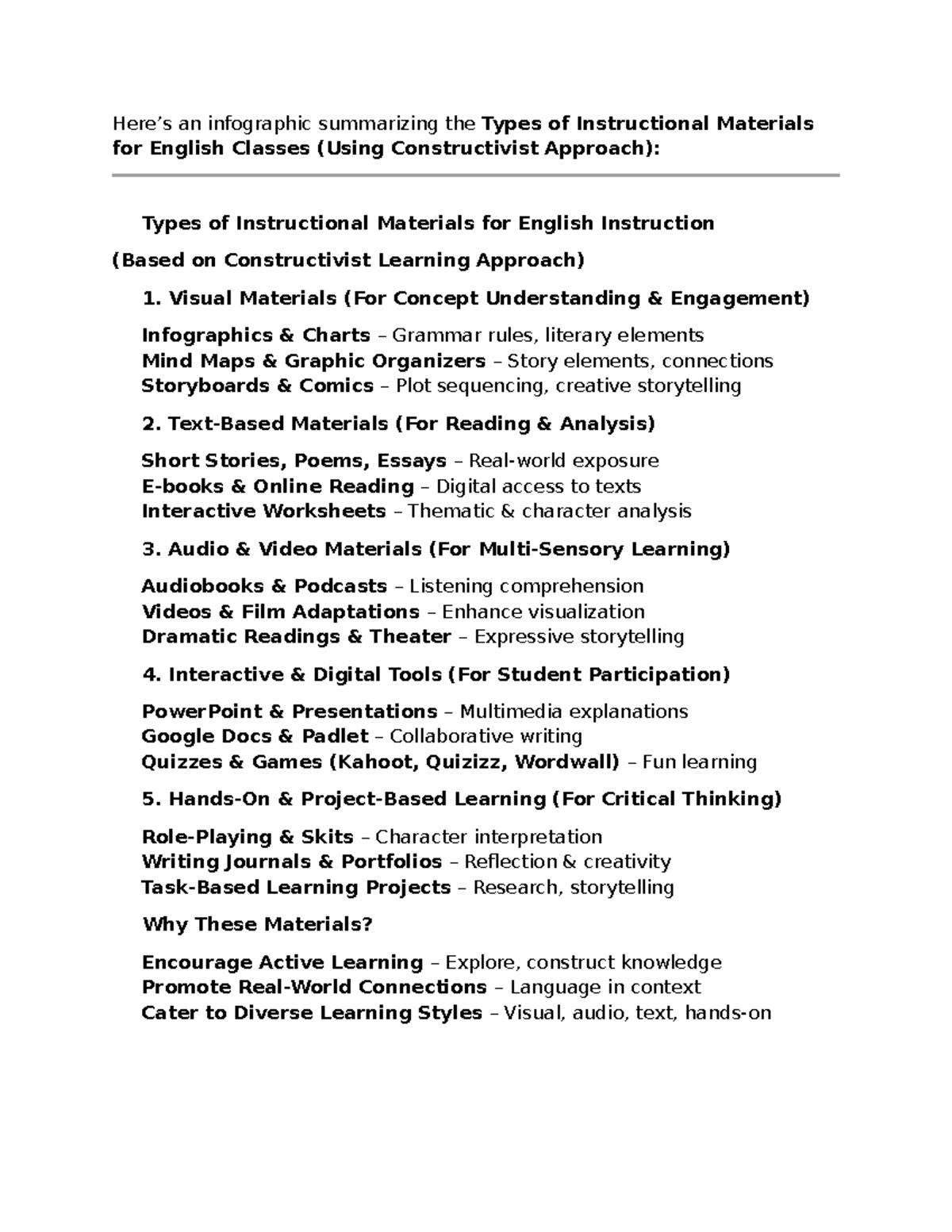 Infographic on Types of Instructional Materials for English Classes ...