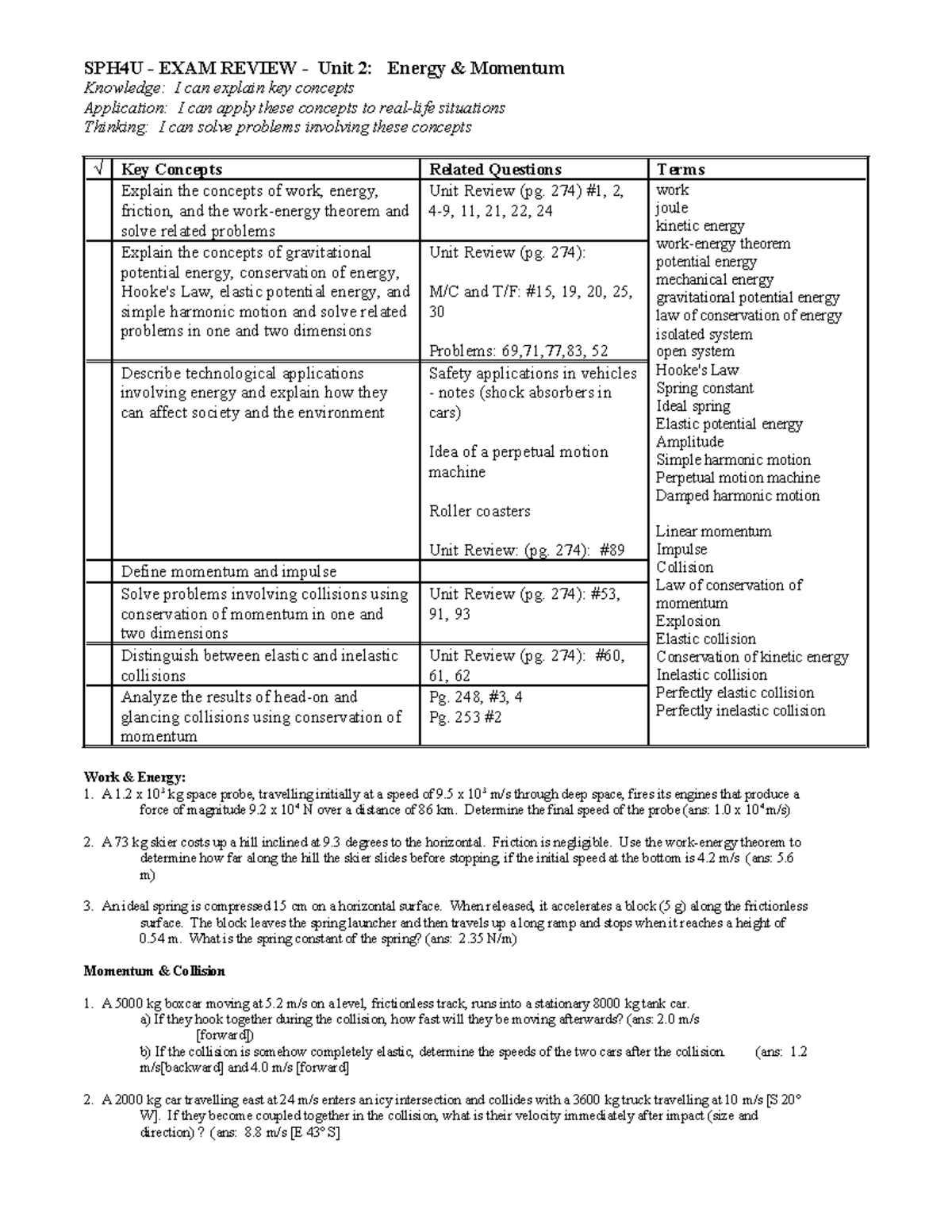 SPH4U Exam - Unit 2 Review: Energy & Momentum Concepts - Studocu