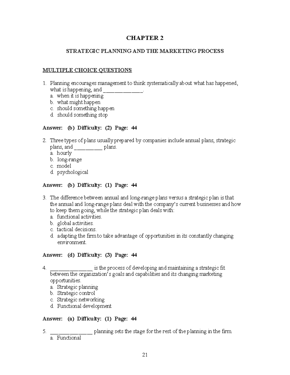 CHAPTER 2 PRINCIPLES OF MARKETING: STRATEGIC PLANNING MCQs - Studocu
