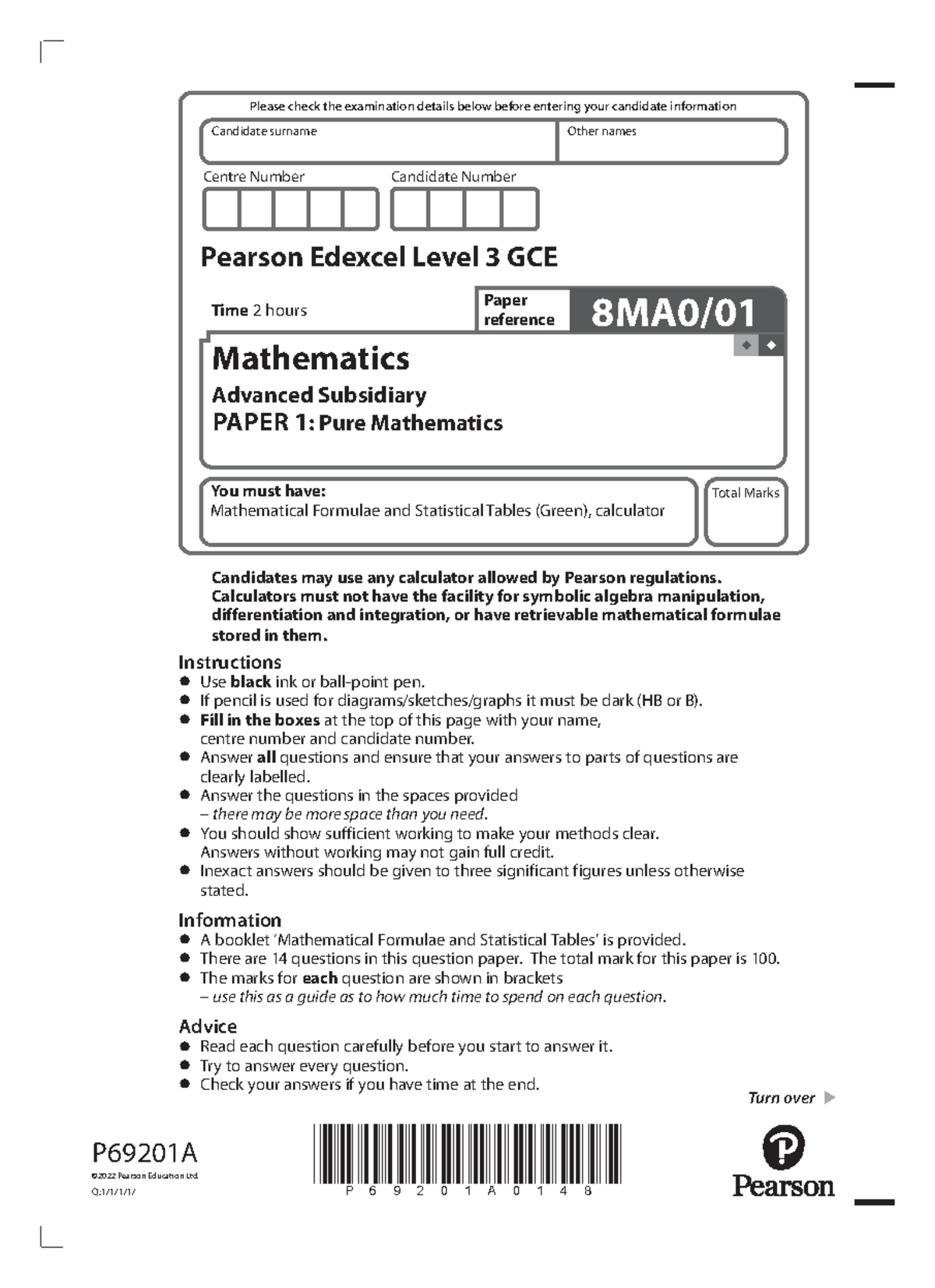 AS Level Edexcel Maths 8MA0/ June 22 Pure 1 Exam Paper - Studocu