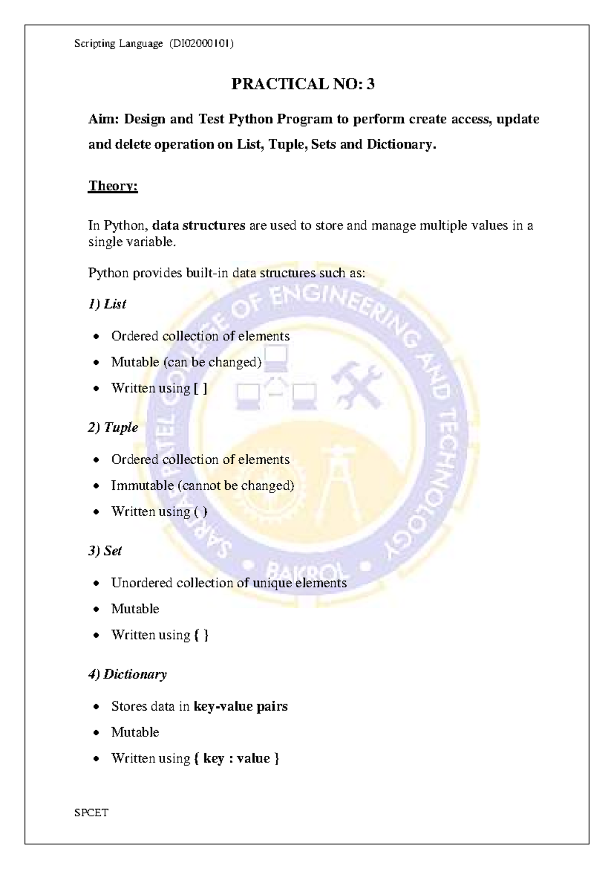 SL Lab Practical 3 & 4: Python CRUD & Conditional Statements - Studocu