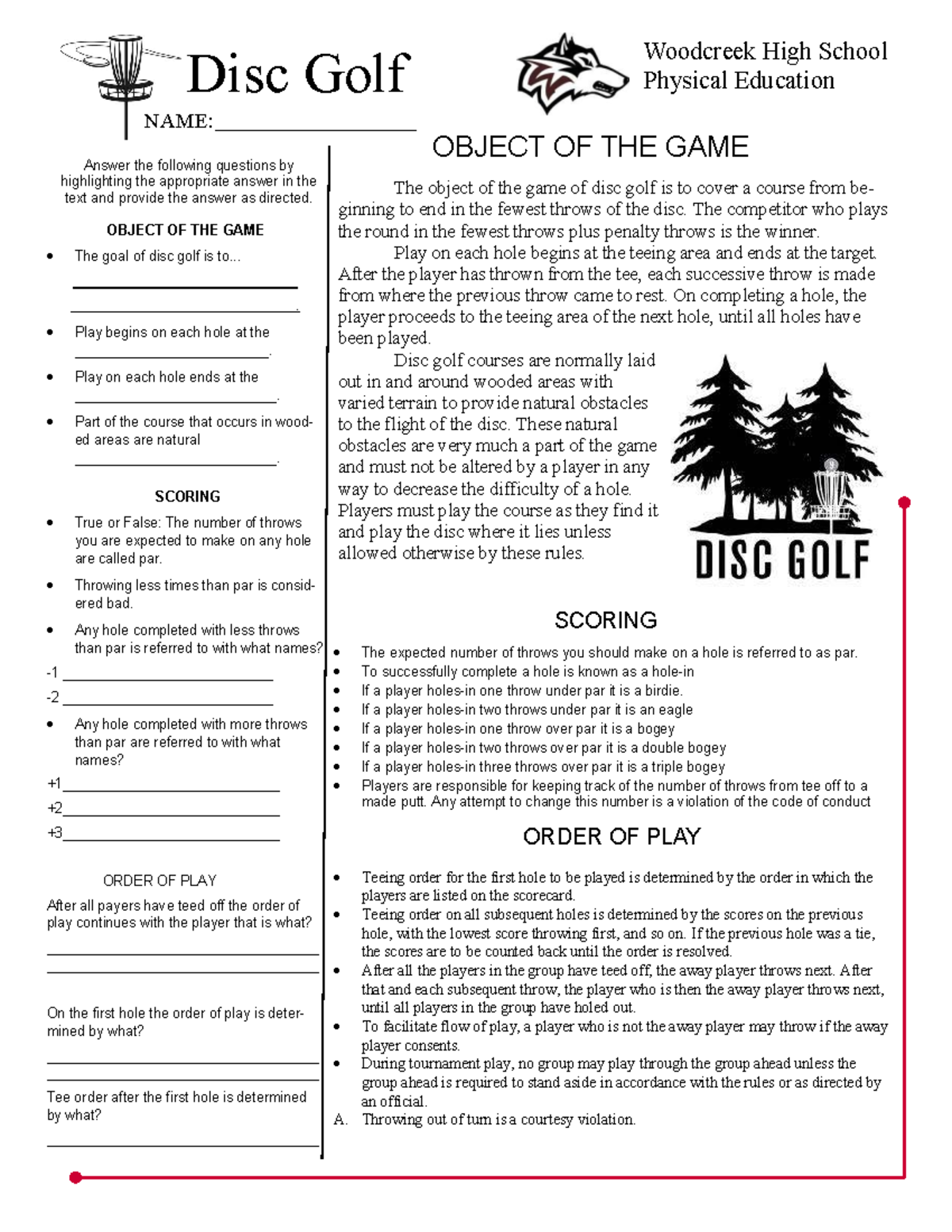 Disc Golf Rules and Gameplay Overview - Woodcreek High School PE - The ...