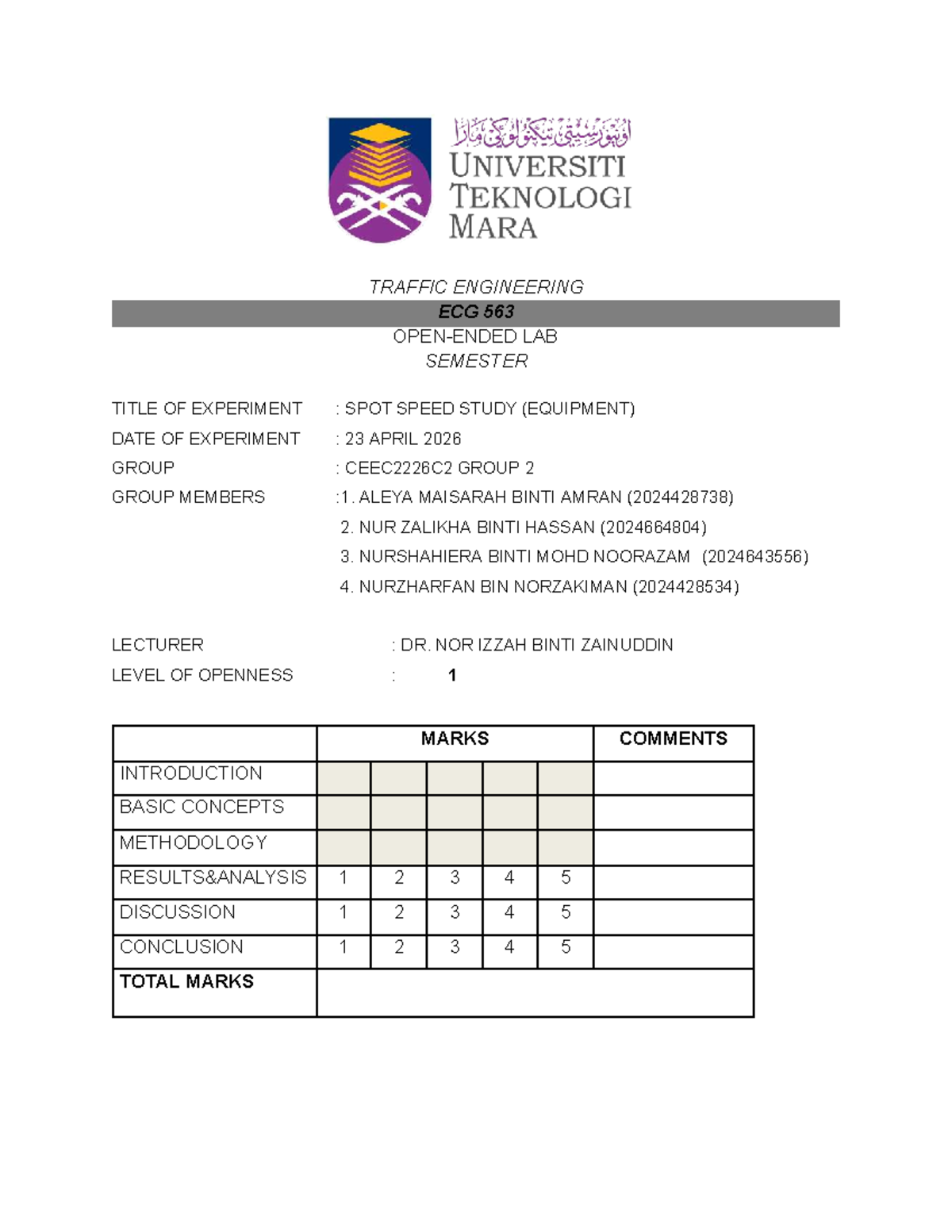 LAB Report on Spot Speed Study - ECG 563 Group 2 - Studocu
