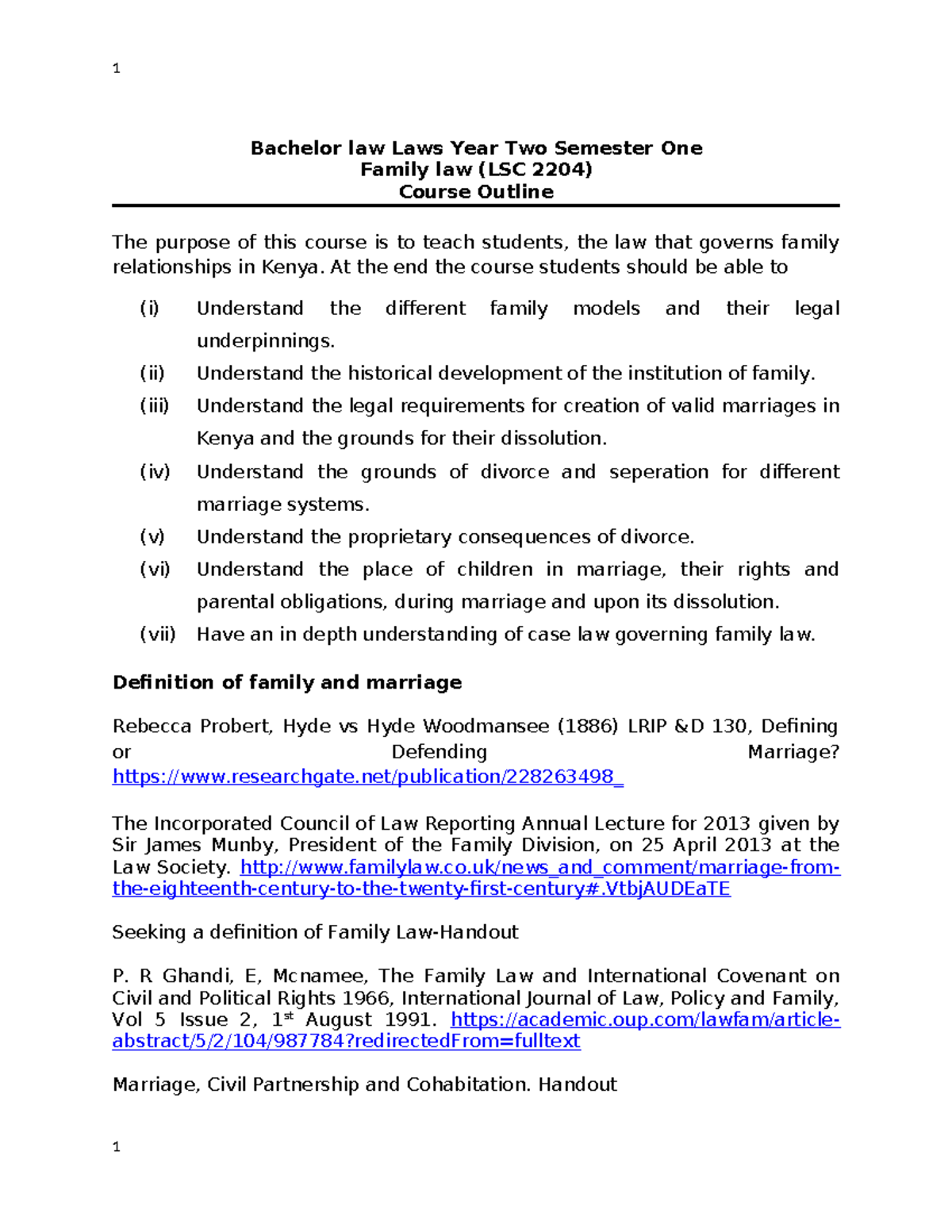 Family Law Course Outline (LSC 2204) - Year 2, Sem 1 Final Exam - Studocu