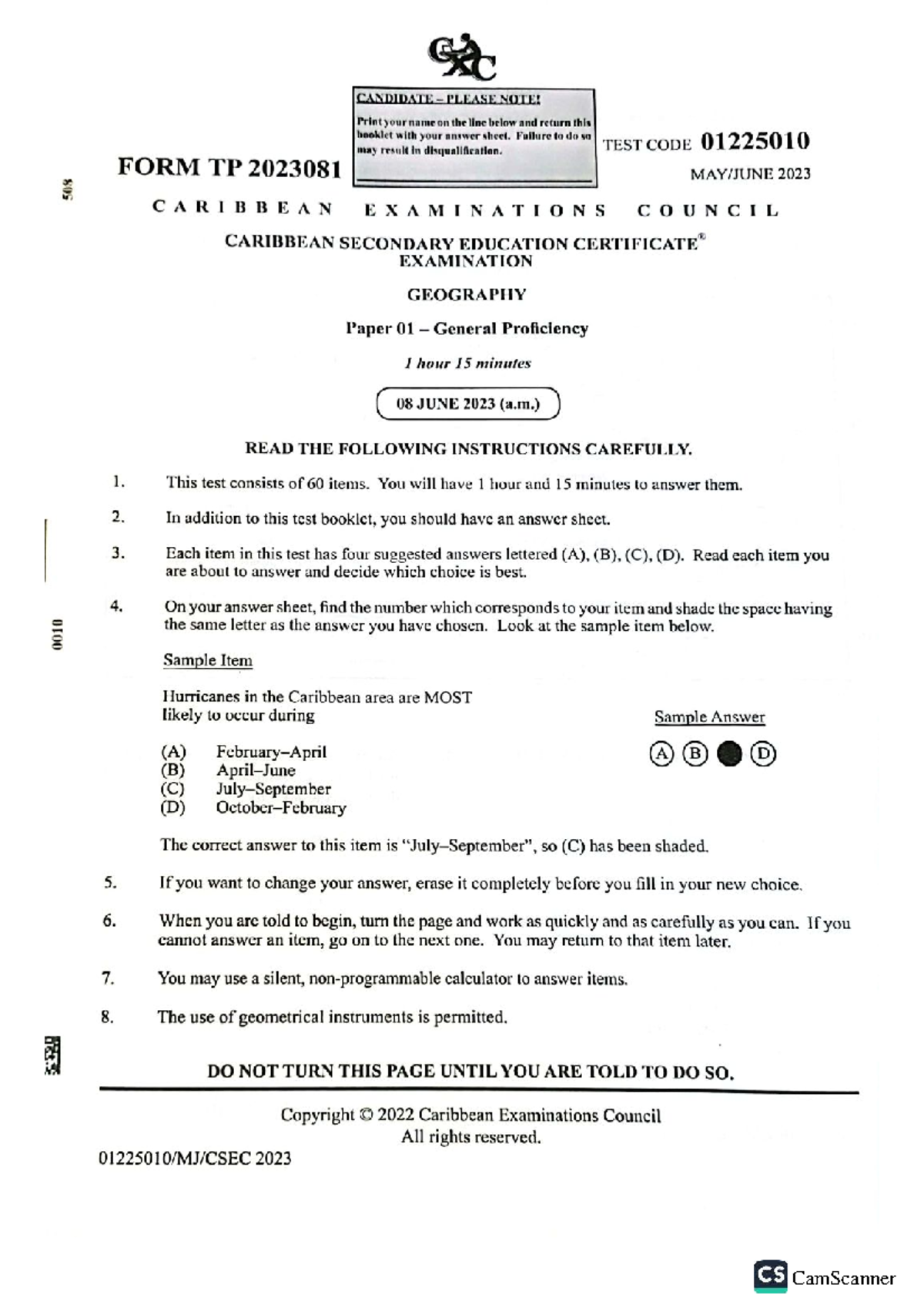 CSEC Geography Paper 01 General Proficiency Exam 2023 - Studocu
