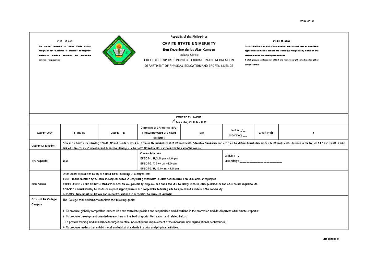 BPED 130 Course Syllabus: Physical Education & Health Overview - Studocu
