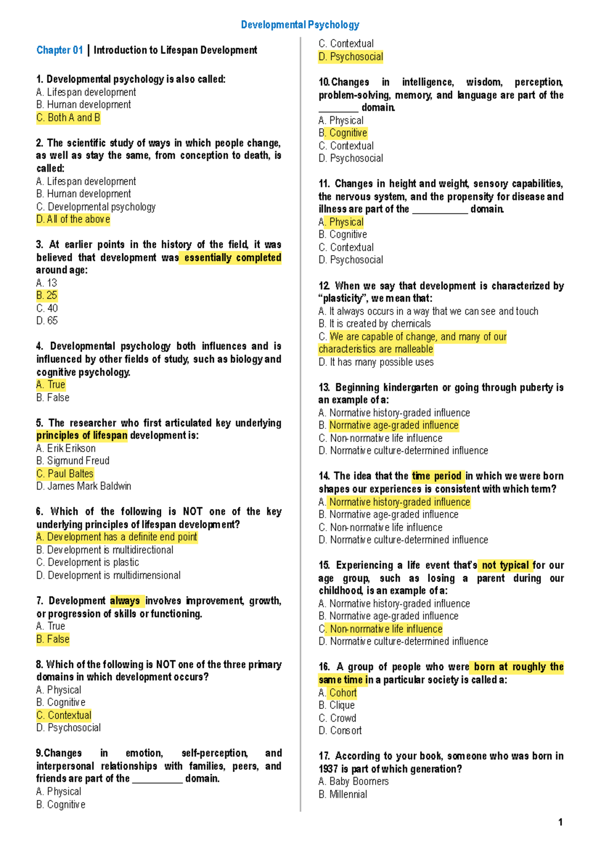 DEV PSY 101 Test Bank with Answer Key: Chapters 1-10 Overview - Studocu