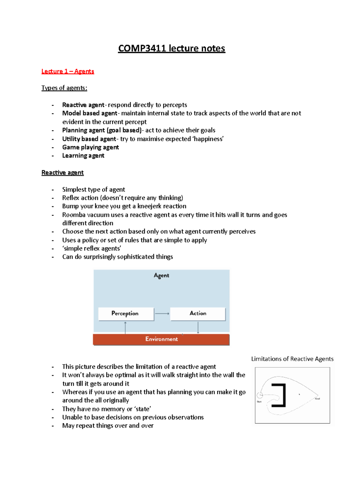 COMP3411 lecture notes - COMP3411 lecture notes Lecture 1 – Agents ...