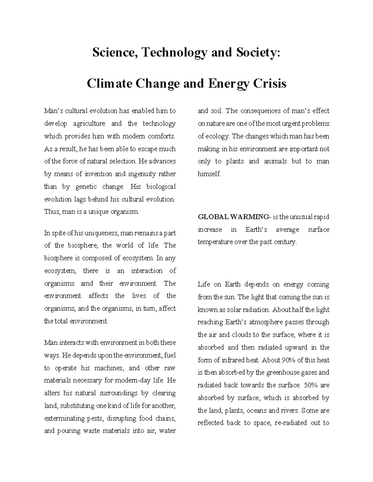 Climate Change Impact: Understanding the Energy Crisis and Ecology ...