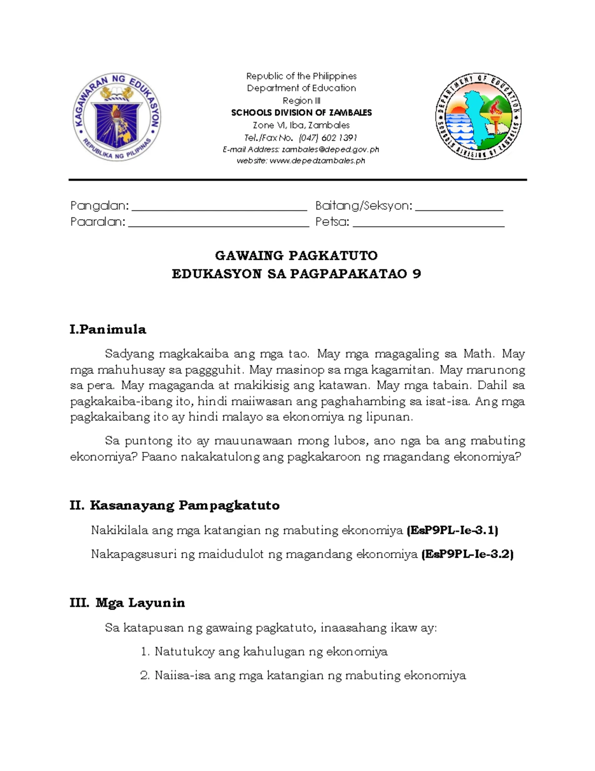 Grade 9 ESP WEEK 6 LAS - AP module - Republic of the Philippines ...