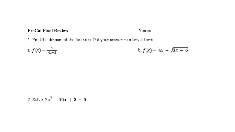 Precalculus Notes for Final Exam: Functions & Graphs - Studocu