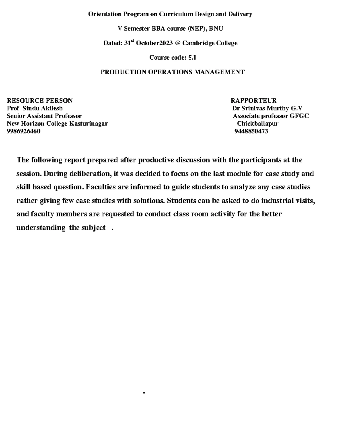 Productions and opearations BNU V SEM BBA NEP L NEW 1 - RAPPORTEUR DR ...