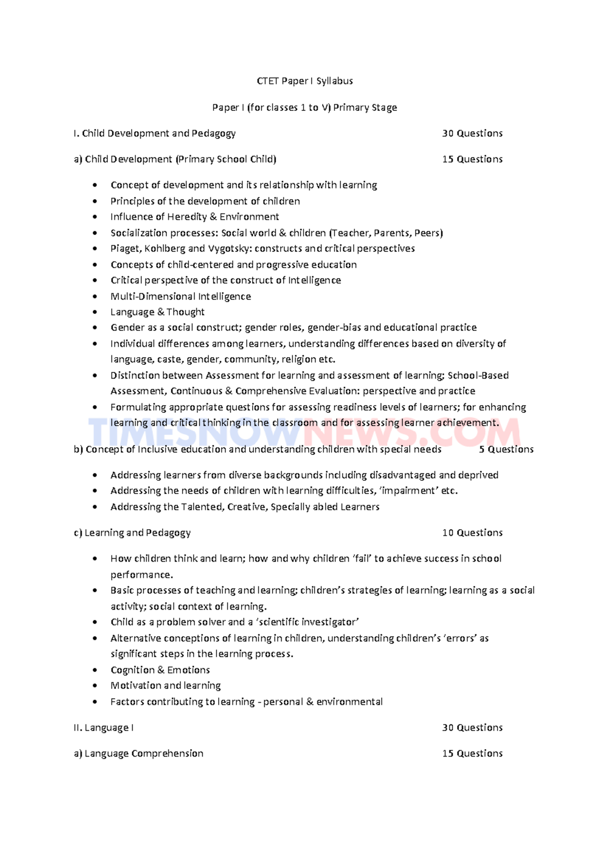 CTET Paper I Syllabus Overview for Classes I-V: Child Development ...
