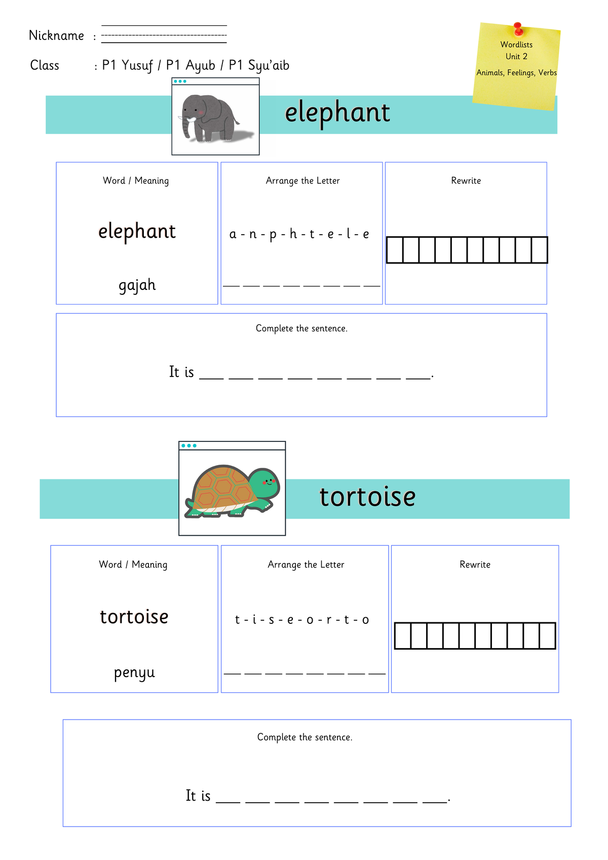 Wordlist P1 - Term 1 Week 7: Unit 2 Vocabulary Activities - Studocu