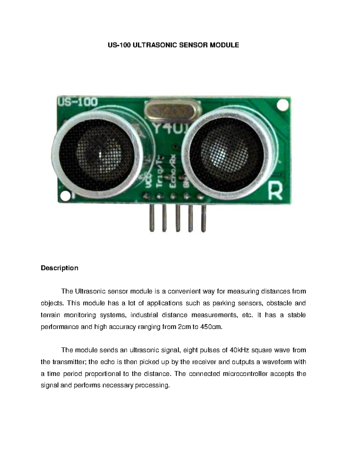 US-100 Ultrasonic Sensor Module Overview and Testing Guide - Studocu
