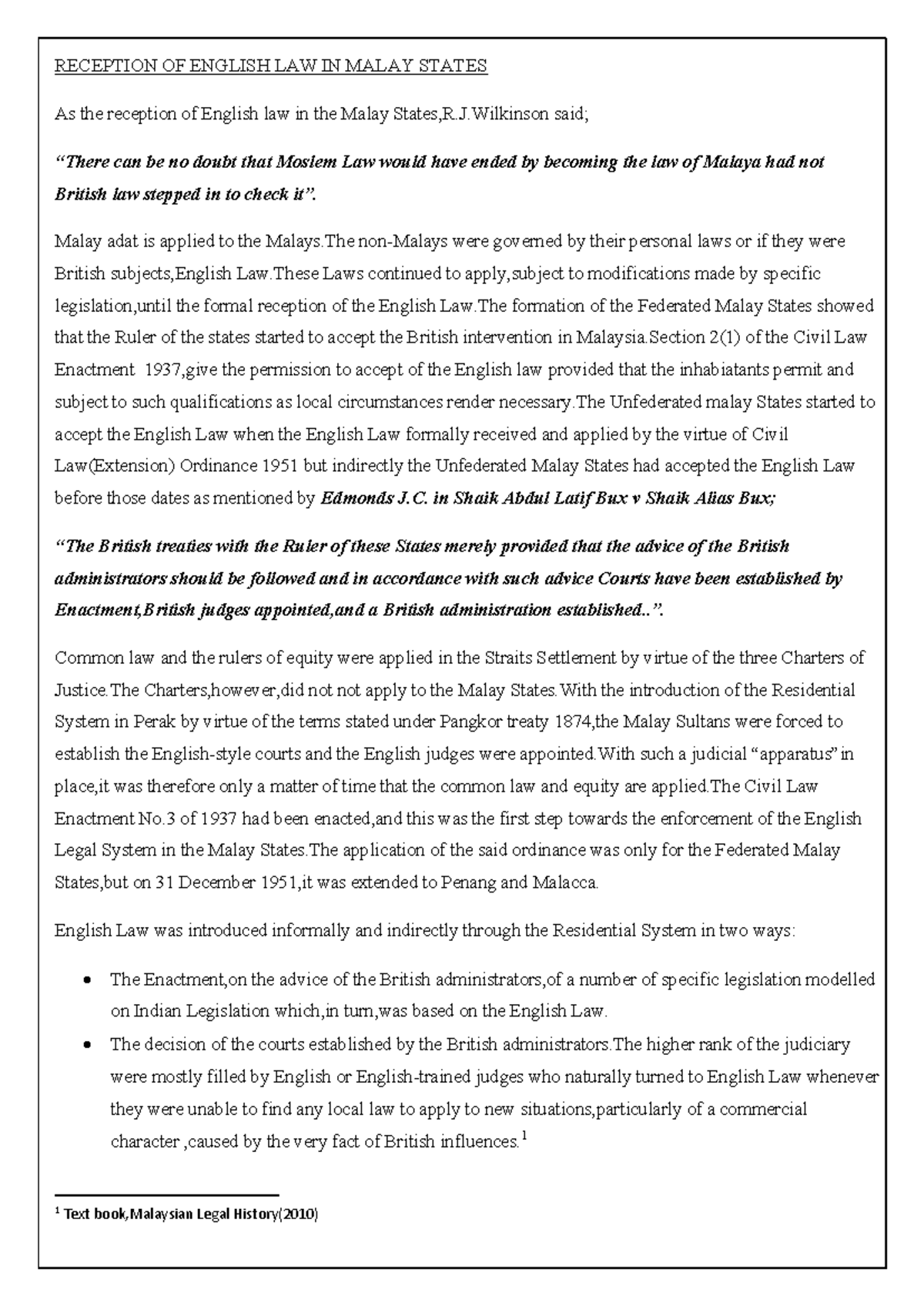 RECEPTION OF ENGLISH LAW IN MALAY STATES: A HISTORICAL OVERVIEW - Studocu