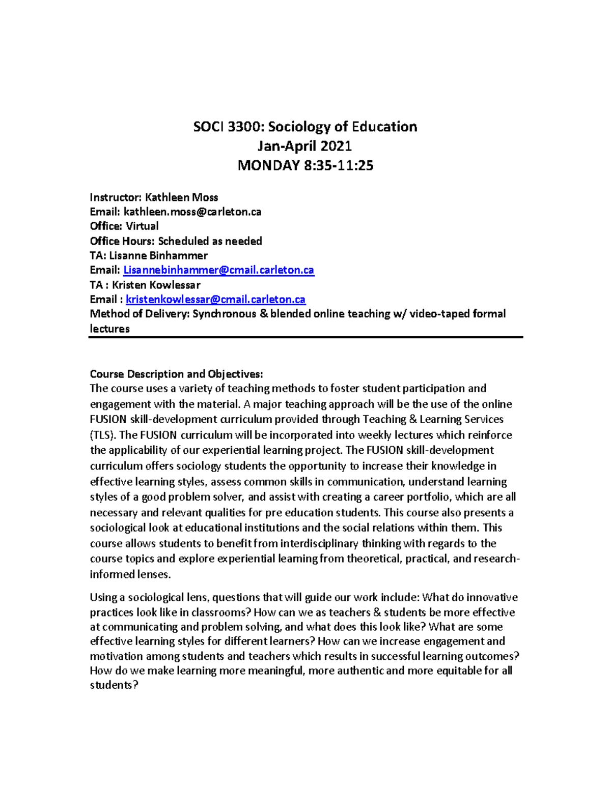 Syllabus SOCI 3300B: Sociology of Education - Winter 2021 - Studocu