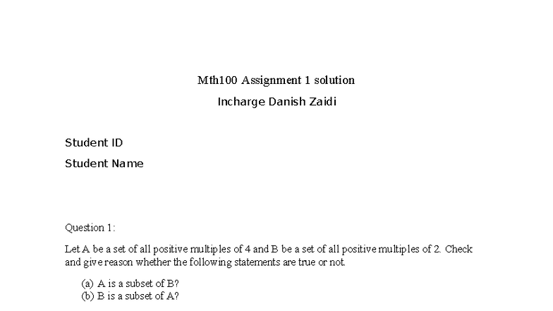 Mth100 Assignment 1 Solutions: Set Theory & Functions Analysis - Studocu