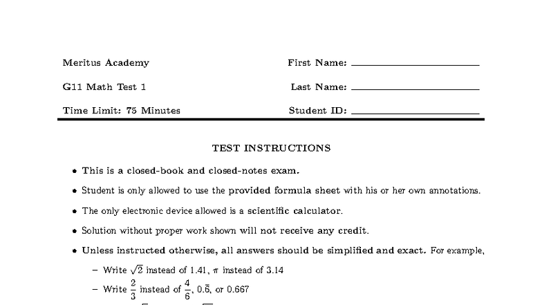 G11 Math Test 1 - Class 08 - Fall Version 2 - Studocu