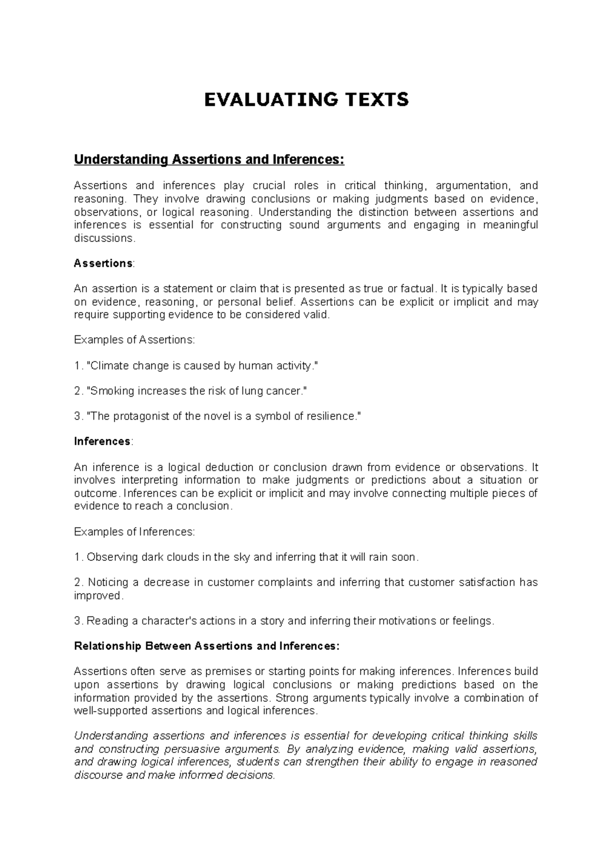 Evaluating Texts: Understanding Assertions & Inferences - G12 Lesson ...