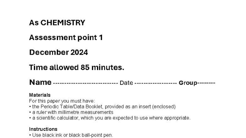 Yr 12 AP1 Paper - chemistry work sheet - As CHEMISTRY Assessment point ...