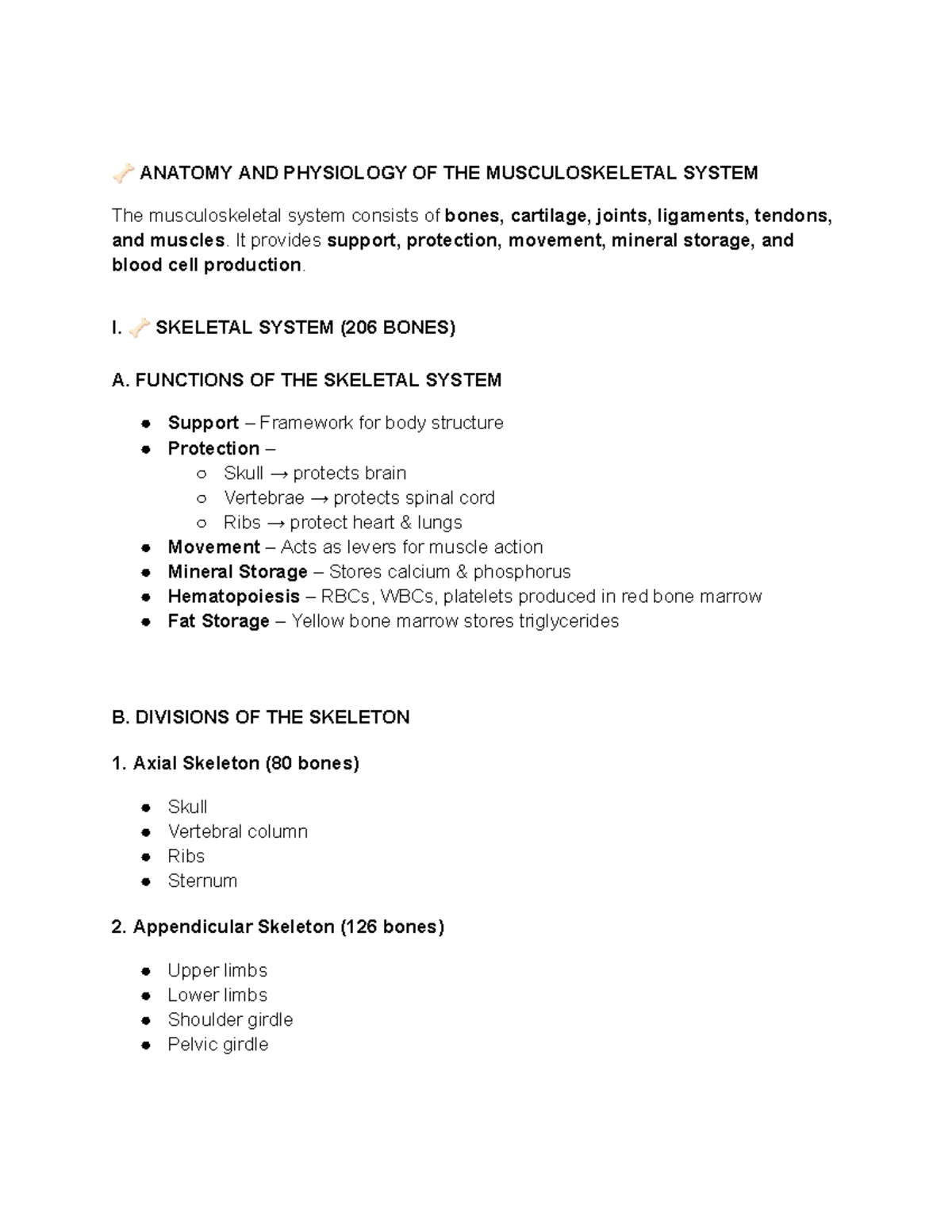 Musculoskeletal System: Anatomy & Physiology Study Handout - Studocu
