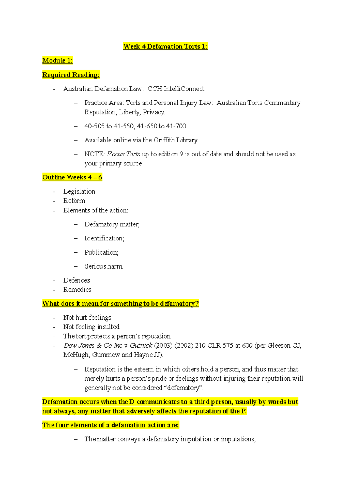 Week 4 Torts 1: Defamation Law Overview and Key Concepts - Studocu