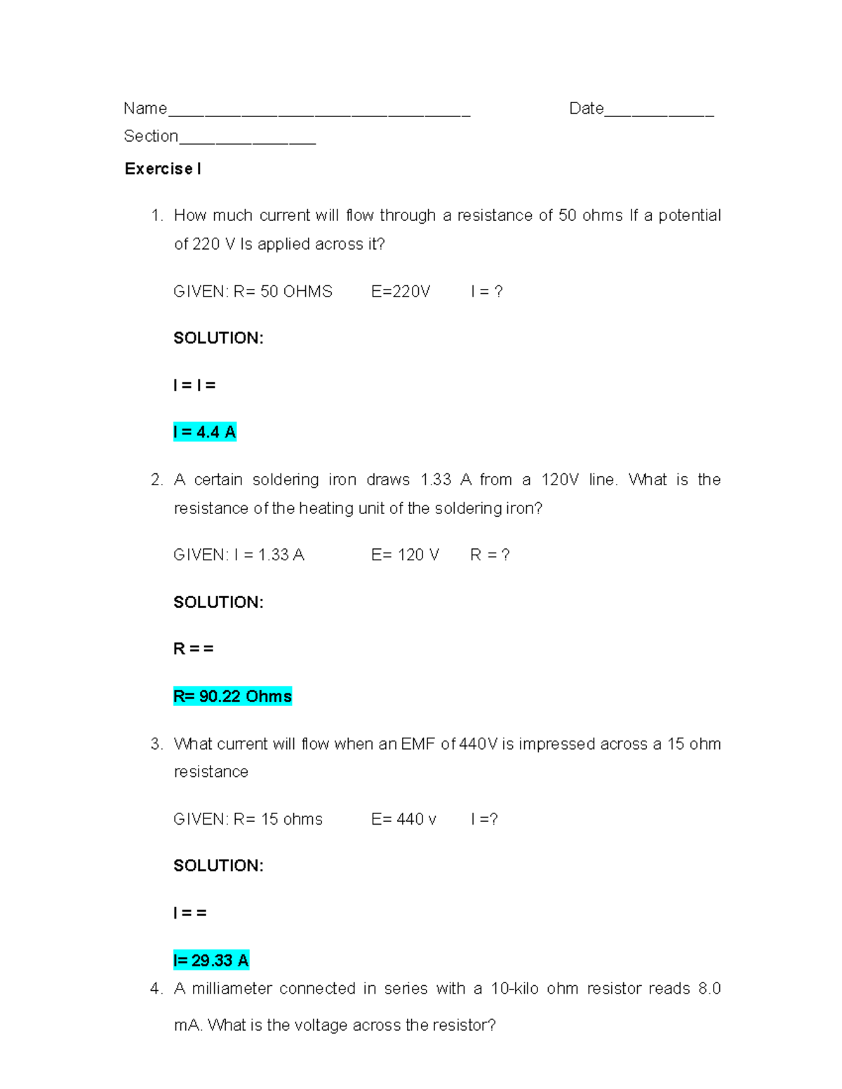 Exercises 1-6: Electrical Resistance and Current Calculations - Studocu
